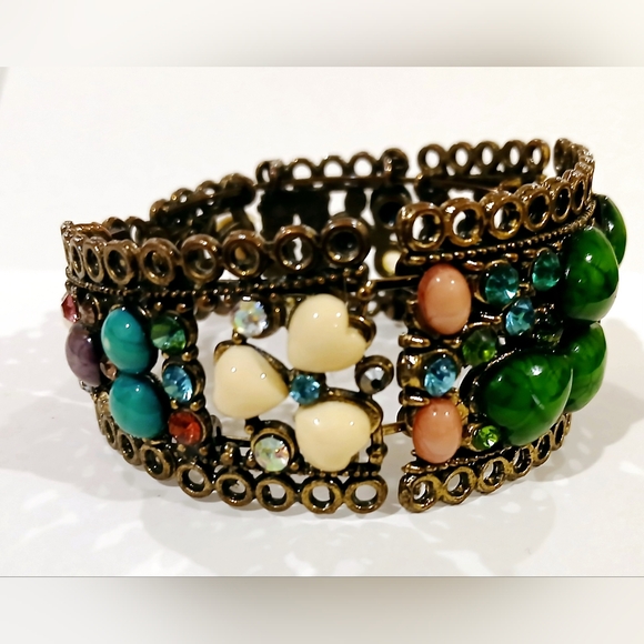 Coppertoned Metal Green and Blue Gemstone Hinged Cuff Bracelet - Picture 2 of 6